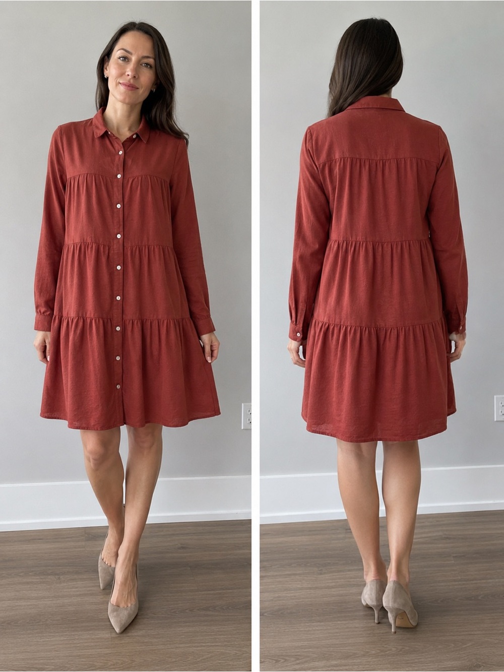 J.jill Button-Front Tiered Long-Sleeve Shirt Dress in Terracotta